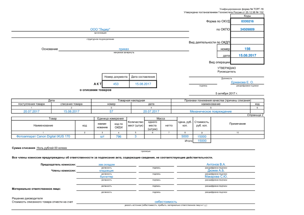 Образец торг 15 акт о списании товаров образец заполнения